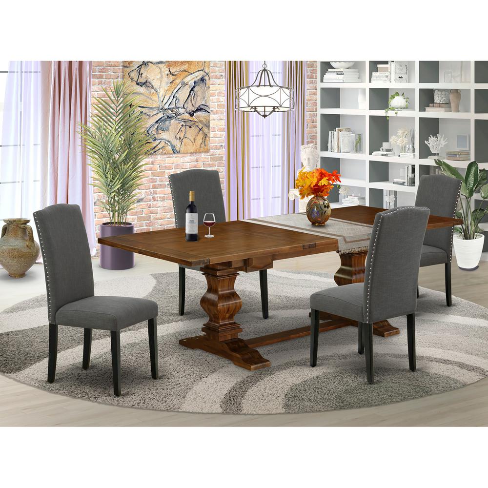 5 Piece Dining Table Set Includes a Rectangle Wooden Table with Removable Leaf and 4 Dark Gotham Linen Fabric Upholstered Chairs, 42x92 Inch, Walnut
