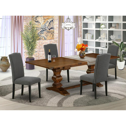 5 Piece Dining Table Set Includes a Rectangle Wooden Table with Removable Leaf and 4 Dark Gotham Linen Fabric Upholstered Chairs, 42x92 Inch, Walnut