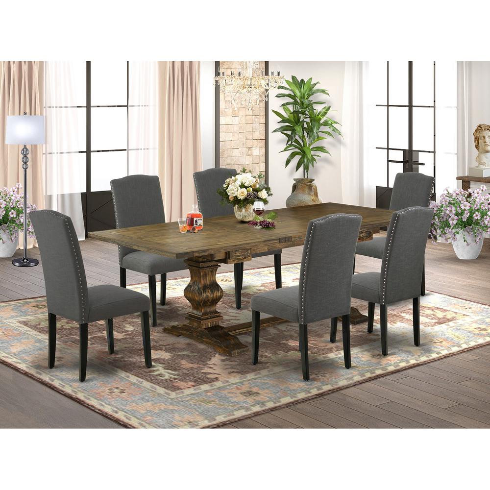 7 Piece Kitchen Table Set Consist of a Rectangle Dining Table with Removable Leaf and 6 Dark Gotham Linen Fabric Parson Chairs, 42x92 Inch, Jacobean