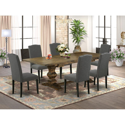 7 Piece Kitchen Table Set Consist of a Rectangle Dining Table with Removable Leaf and 6 Dark Gotham Linen Fabric Parson Chairs, 42x92 Inch, Jacobean