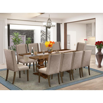 East West Furniture 11-Pieces Dining Room Set - A Butterfly Leaf Double Pedestal Kitchen Table and 10 Dark Khaki Linen Fabric Padded Chairs with Stylish High Back - Antique Walnut Finish