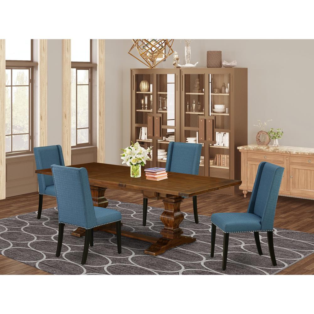 5 Piece Dinette Set Includes a Rectangle Dining Room Table with Removable Leaf and 4 Blue Linen Fabric Parsons Dining Chairs, 42x92 Inch, Walnut