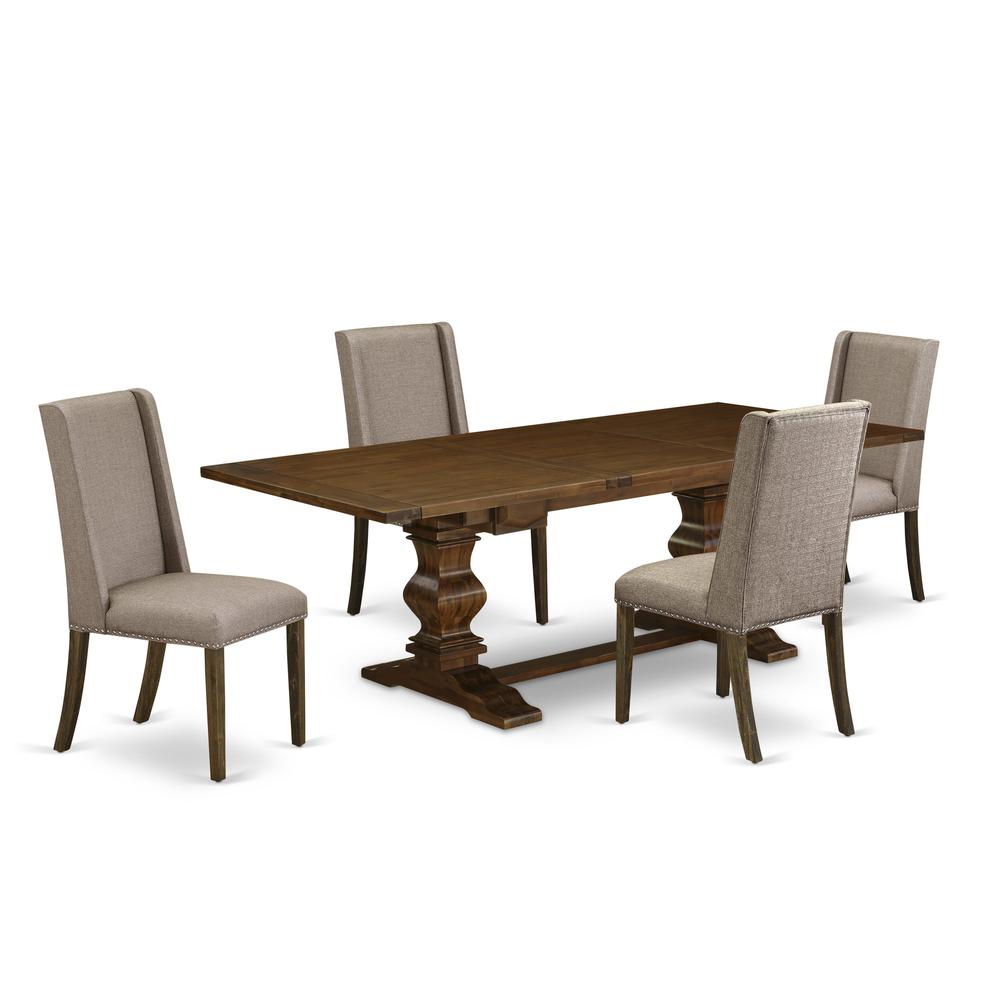 Lassale 5 Piece Dining Set Includes a Rectangle Kitchen Table with Butterfly Leaf and 4 Dark Khaki Linen Fabric Upholstered Chairs, 42x92 Inch, Walnut