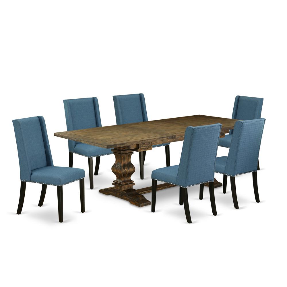 East West Furniture LAFL7-71-21 Lassale 7 Piece Dinette Set Consist of a Rectangle Room Table with Butterfly Leaf and 6 Blue Linen Fabric Parson Dining Chairs, 42x92 Inch, Jacobean