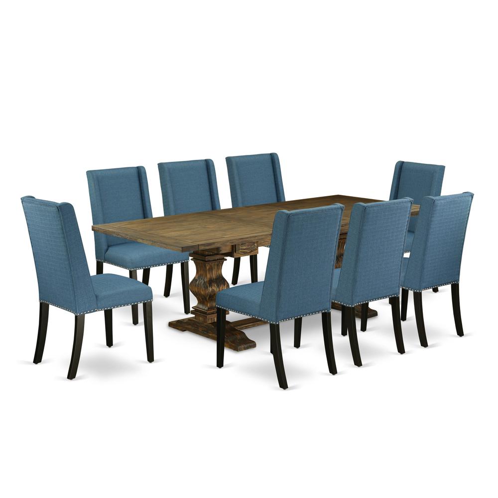 9-piece dining table set with Chair’s Legs and Mineral Blue Linen Fabric