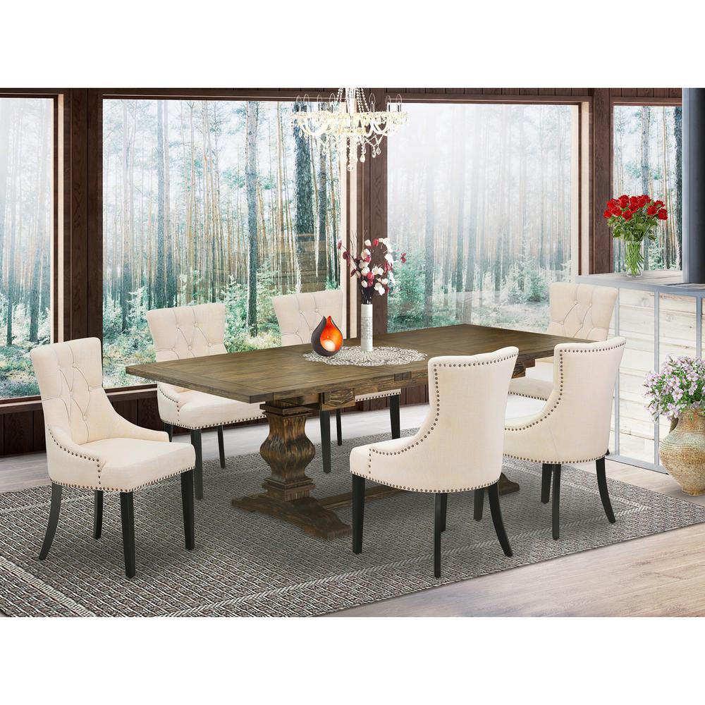 7 Piece Dining Table Set Consist of a Rectangle Removable Leaf Kitchen Table and 6 Light Beige Linen Fabric Parson Chairs, 42x92 Inch, Jacobean