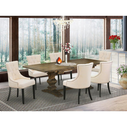 7 Piece Dining Table Set Consist of a Rectangle Removable Leaf Kitchen Table and 6 Light Beige Linen Fabric Parson Chairs, 42x92 Inch, Jacobean
