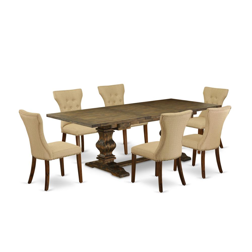 7-piece dining table set with Chair’s Legs and Brown Linen Fabric