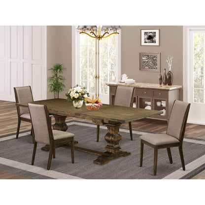 5 Piece Dining Room Table Set Includes a Rectangle Kitchen Table with Removable Leaf and 4 Dark Khaki Linen Fabric Parsons Chairs, 42x92 Inch, Jacobean