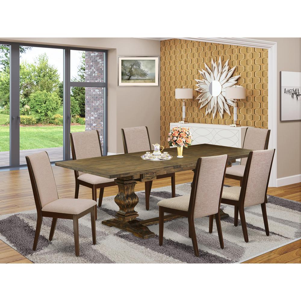 7 Piece Dining Set Consist of a Rectangle Dining Room Table with Removable Leaf and 6 Light Tan Linen Fabric Upholstered Chairs, 42x92 Inch, Jacobean
