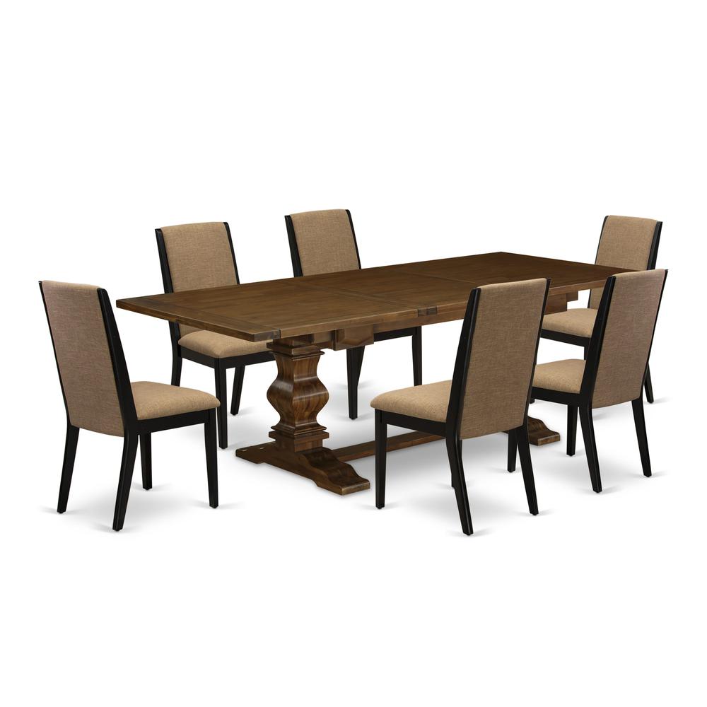 East West Furniture LALA7-81-47 7 Piece Dining Set Consist of a Rectangle Dining Room Table with Removable Leaf and 6 Light Sable Linen Fabric Parsons Chairs, 42x92 Inch, Walnut