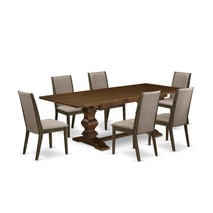 East West Furniture LALA7-87-16 7 Piece Dining Table Set Consist of a Rectangle Wooden Table with Removable Leaf and 6 Dark Khaki Linen Fabric Upholstered Chairs, 42x92 Inch, Walnut