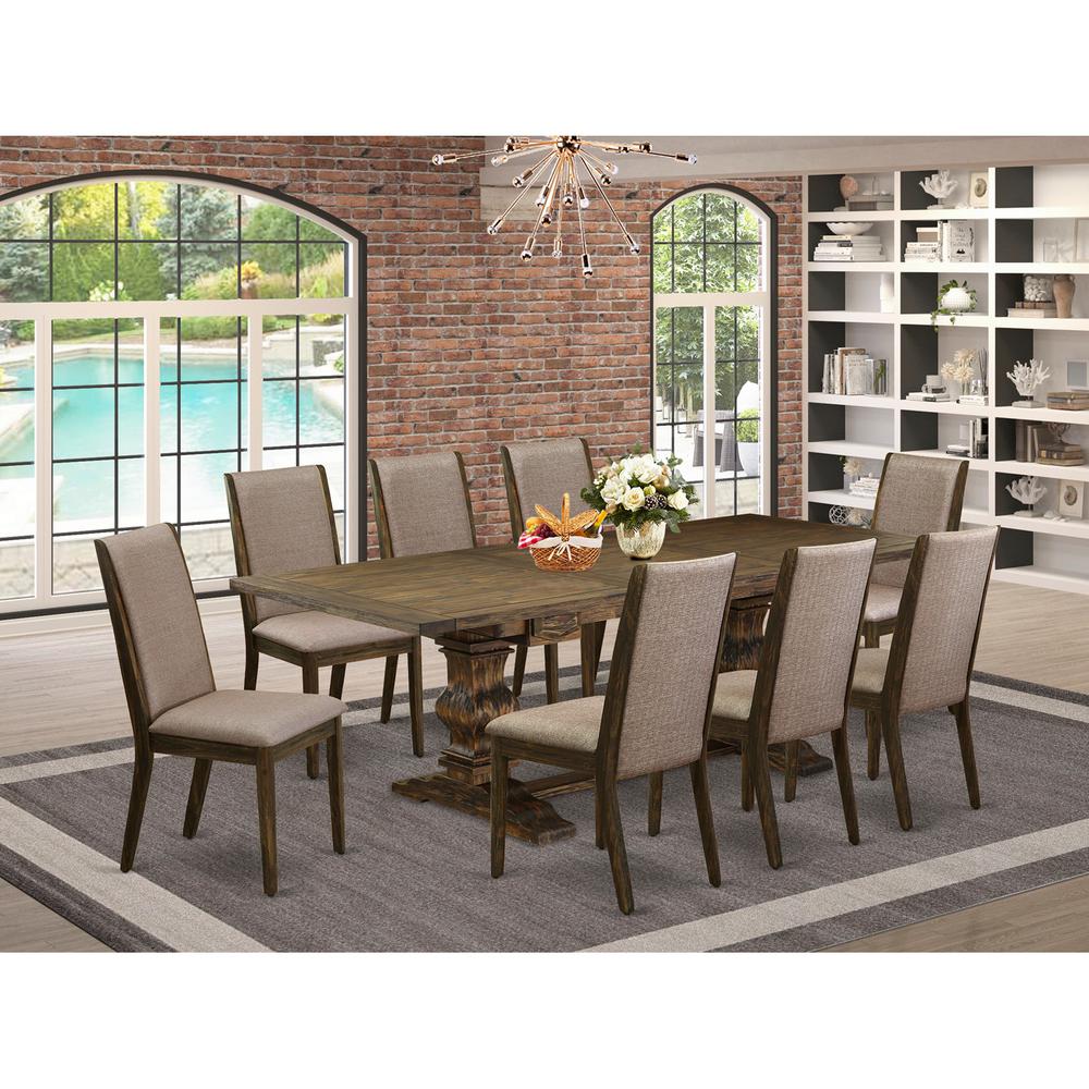 9 Piece Dining Table Set Includes a Rectangle Wooden Table with Removable Leaf and 8 Dark Khaki Linen Fabric Upholstered Chairs, 42x92 Inch, Jacobean
