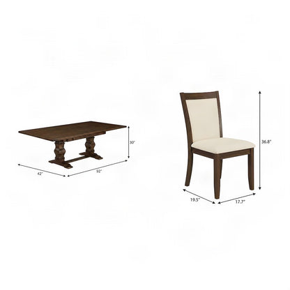 Solid Wood Dining Table Set with Double Pedestal and Linen Chairs