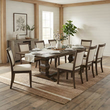 Solid Wood Dining Table Set with Double Pedestal and Linen Chairs