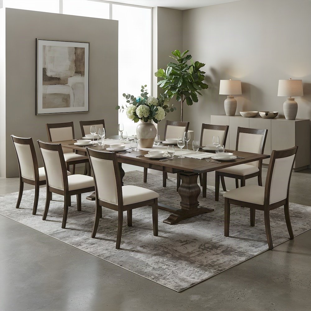 Solid Wood Dining Table Set with Double Pedestal and Linen Chairs