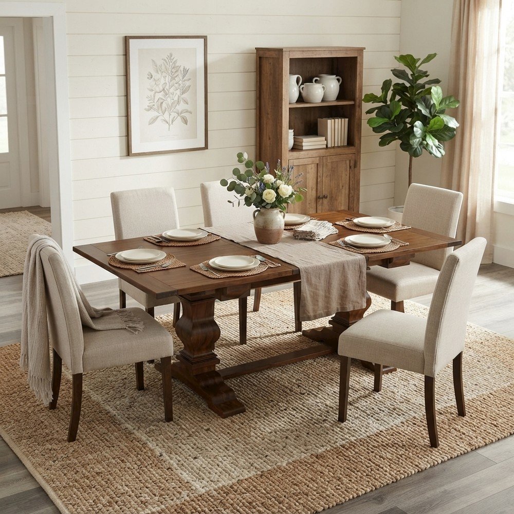 Extendable Dining Table with Removable Leaf and Double Pedestal, Walnut