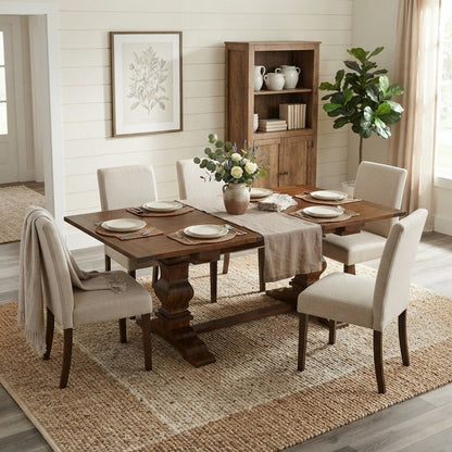 Extendable Dining Table with Removable Leaf and Double Pedestal, Walnut