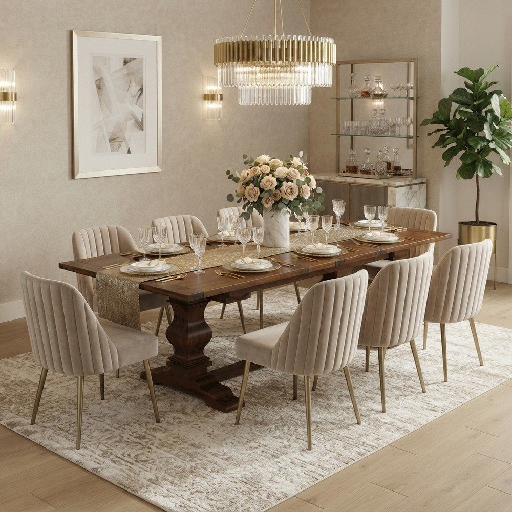 Extendable Dining Table with Removable Leaf and Double Pedestal, Walnut