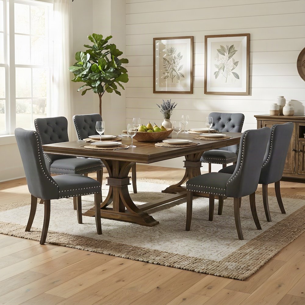 Solid Wood Dining Table and 6 Upholstered Chairs 7 Piece Set, Gray