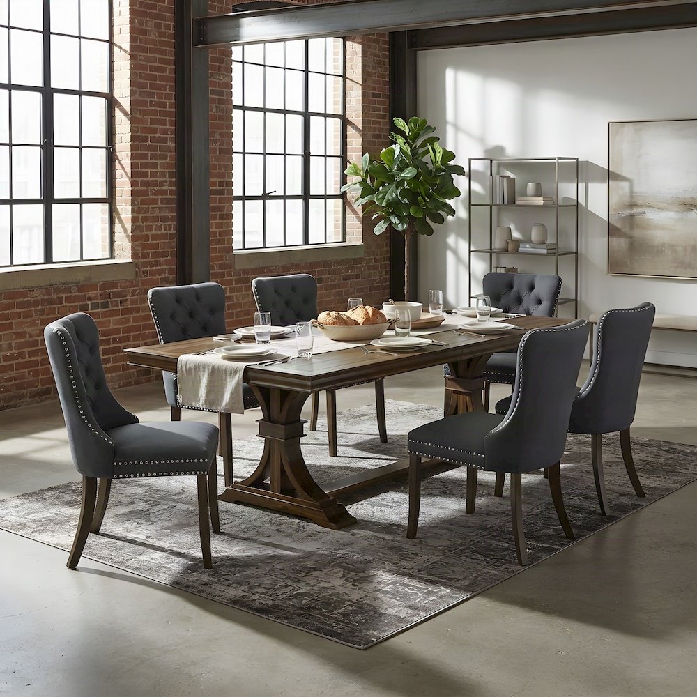 Solid Wood Dining Table and 6 Upholstered Chairs 7 Piece Set, Gray