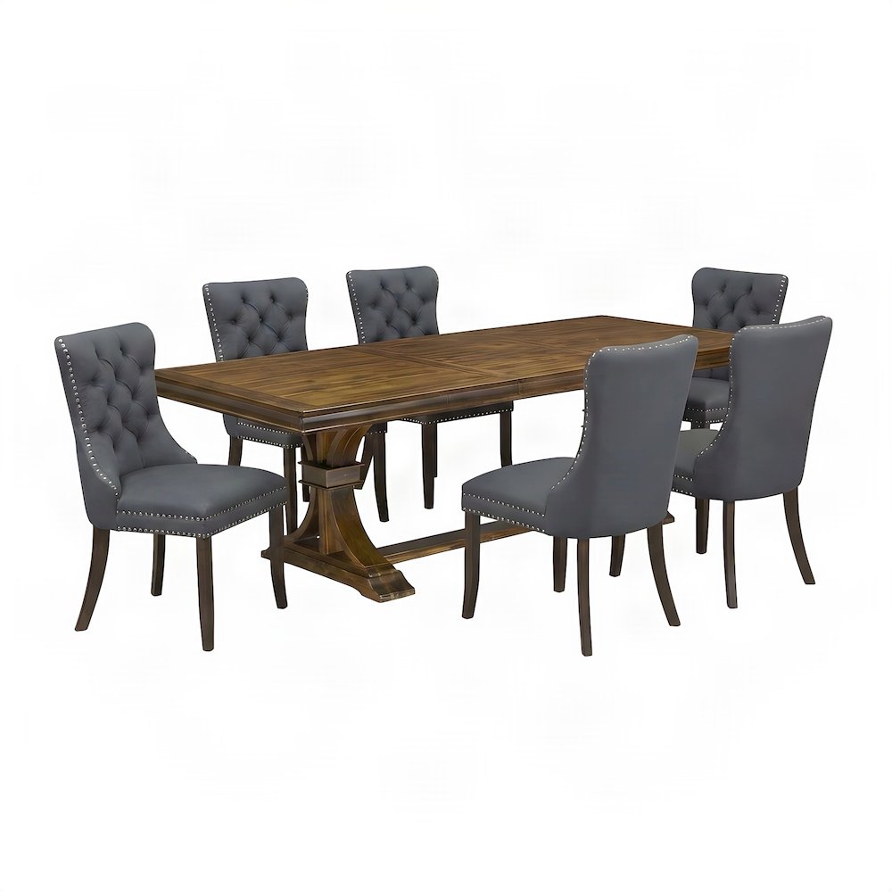 Solid Wood Dining Table and 6 Upholstered Chairs 7 Piece Set, Gray