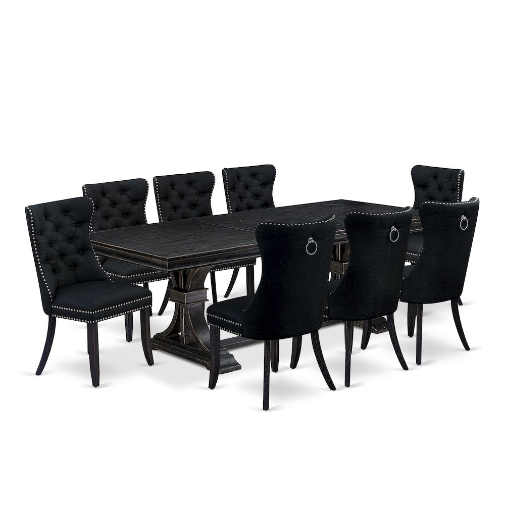 9 piece modern dining set of a dinner table and 8 Linen Fabric kitchen chairs