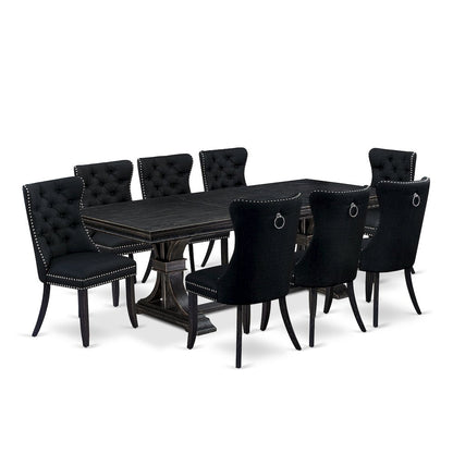 9 piece modern dining set of a dinner table and 8 Linen Fabric kitchen chairs
