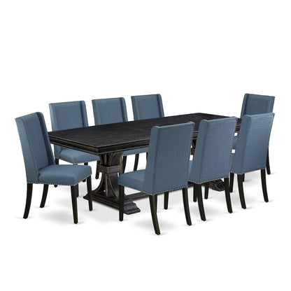 9 piece dining table set of a wooden table and 8 Linen Fabric upholstered chairs