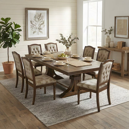 Wood Kitchen Table and Chairs with Button-Tufted Seats 9 Piece Set, Light Beige