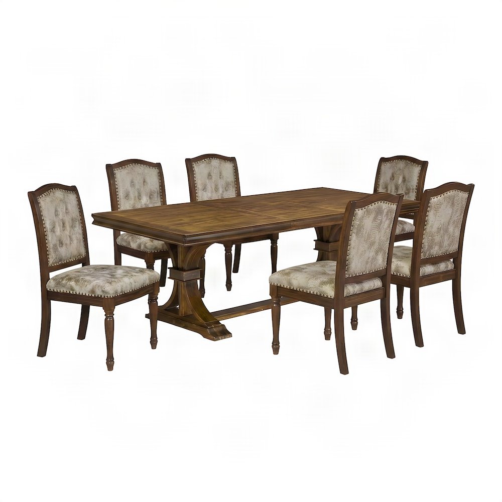 Wood Kitchen Table and Chairs with Button-Tufted Seats 9 Piece Set, Light Beige