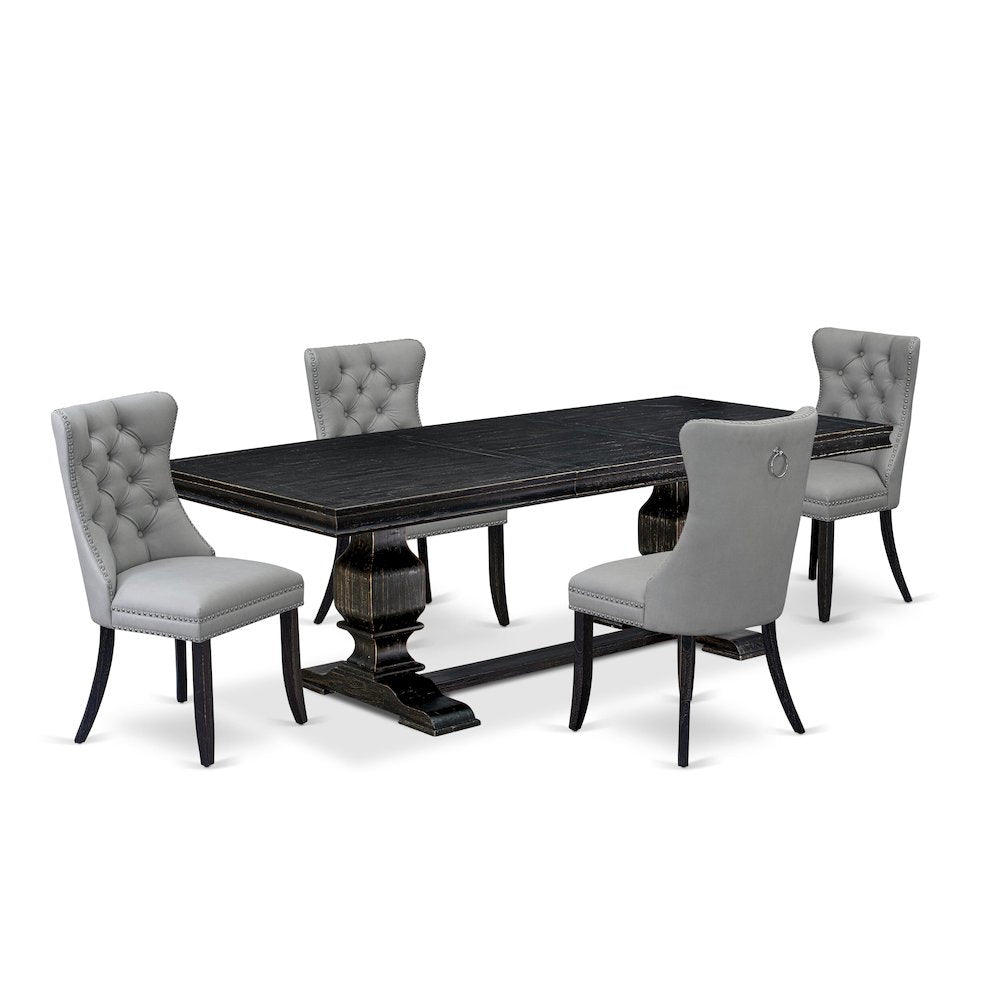 5 piece dining set includes a wooden table and 4 Faux Leather parson chairs