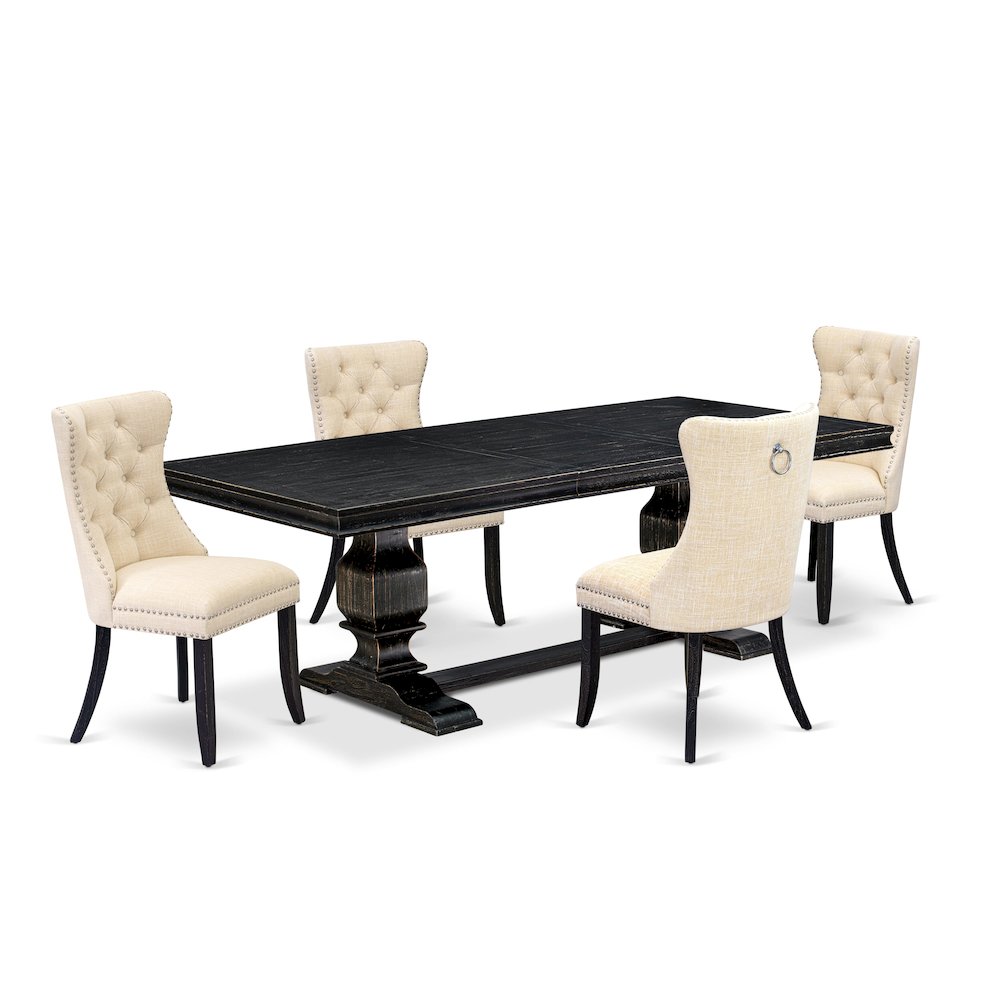 5 piece kitchen set of a wooden dining table and 4 Linen Fabric dining chairs