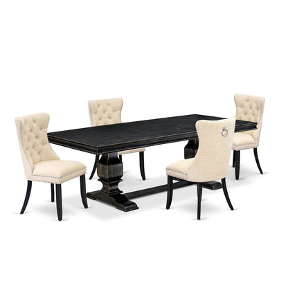 5 piece kitchen set of a wooden dining table and 4 Linen Fabric dining chairs