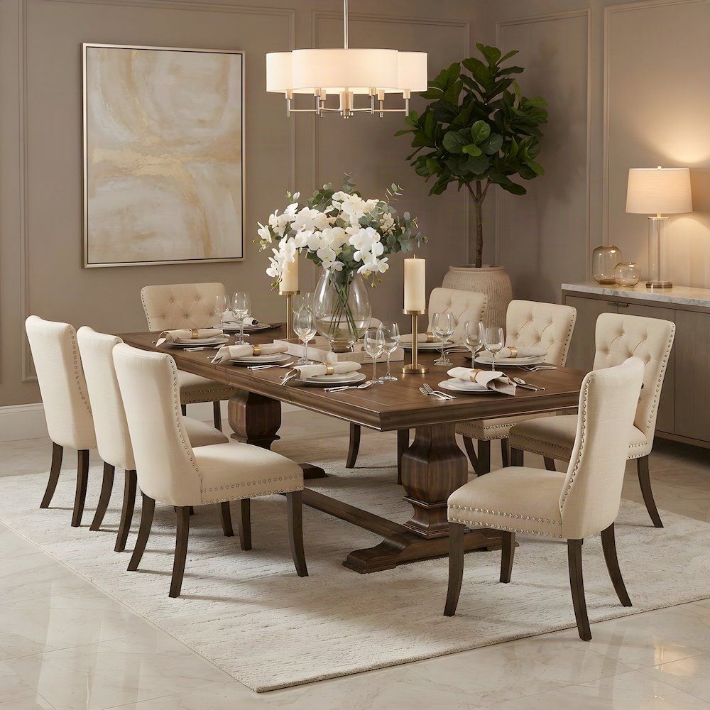 Wood Dining Table and Chairs with Upholstered Seats 9 Piece Set, Light Beige