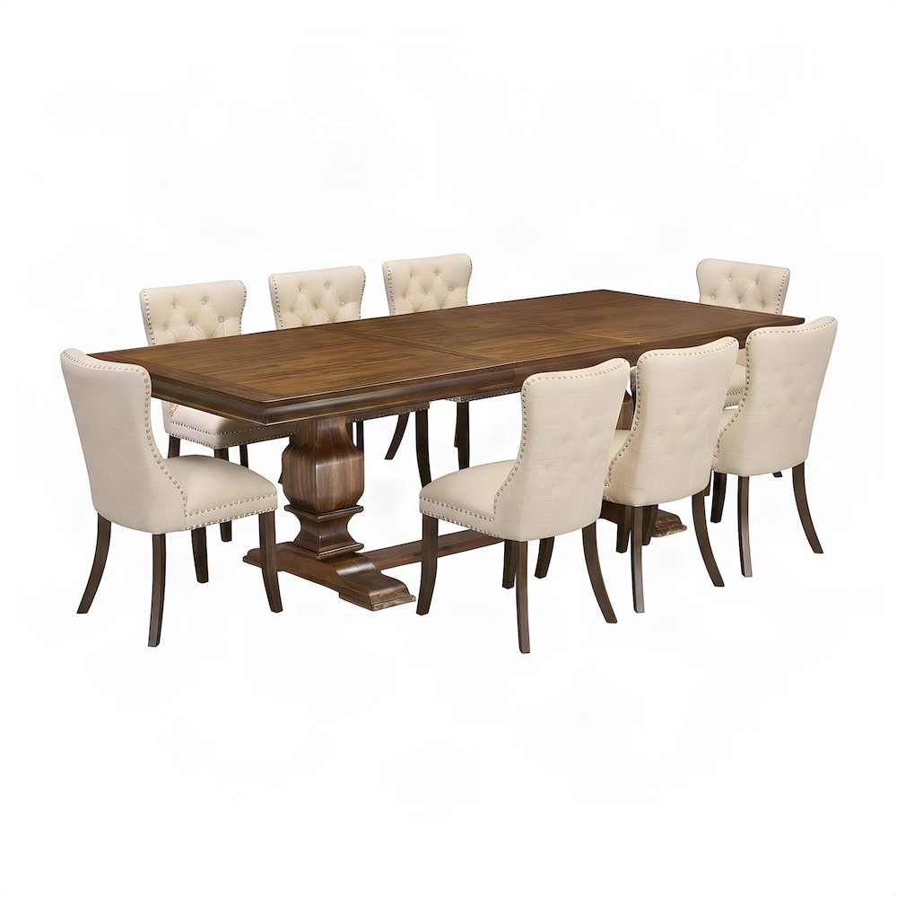 Wood Dining Table and Chairs with Upholstered Seats 9 Piece Set, Light Beige