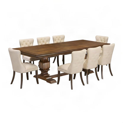 Wood Dining Table and Chairs with Upholstered Seats 9 Piece Set, Light Beige
