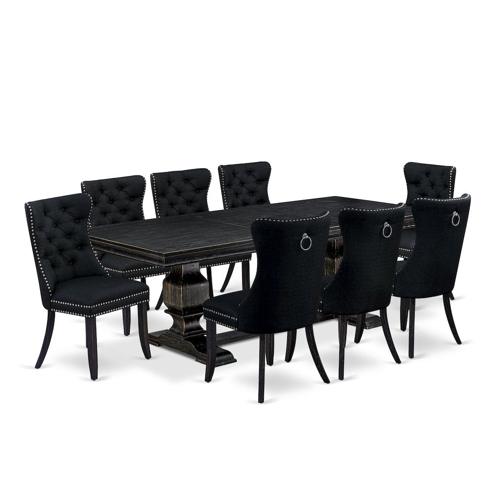 9 piece kitchen table set of a dining table and 8 Linen Fabric kitchen chairs