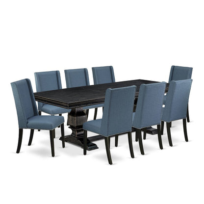 9 piece dining table set of a dinner table and 8 Linen Fabric kitchen chairs