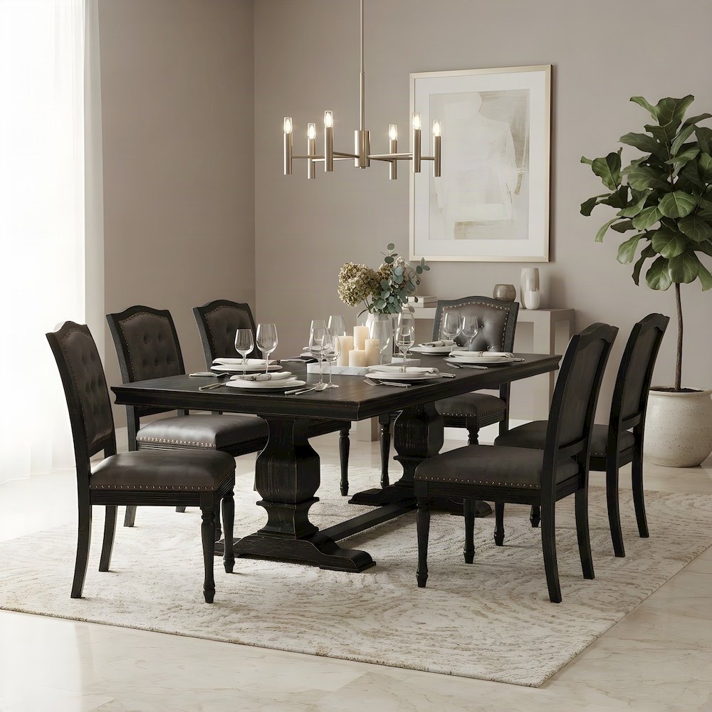 Wood Dining Table Set for 6 with Button-Tufted Chairs 7 Piece Set, Dark Grey