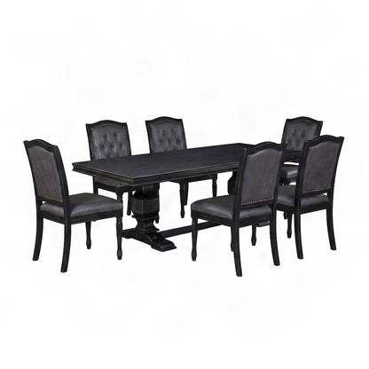 Wood Dining Table Set for 6 with Button-Tufted Chairs 7 Piece Set, Dark Grey