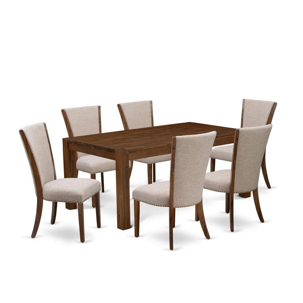 LMVE7-N8-04 - 7-Pc Kitchen Dining Set- 6 Padded Parson Chair and Modern Kitchen Table - Light Tan Linen Fabric Seat and High Chair Back (Antique Walnut Finish)