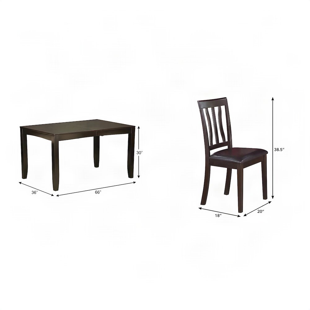 Wood Dining Table with Leaf and 6 Faux Leather Chairs 7 Piece Set, Cappuccino