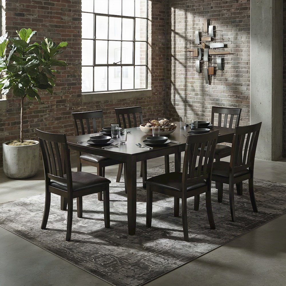 Wood Dining Table with Leaf and 6 Faux Leather Chairs 7 Piece Set, Cappuccino