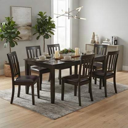Wood Dining Table with Leaf and 6 Faux Leather Chairs 7 Piece Set, Cappuccino