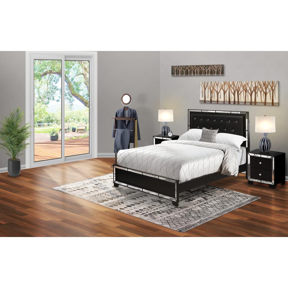 NE11-Q2N000 3-PC Nella Bedroom Set with Button Tufted Queen Bedframe and 2 Modern Nightstands - Black Leather Headboard and legs