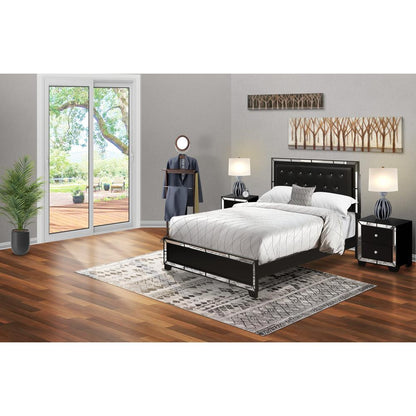 NE11-Q2N000 3-PC Nella Bedroom Set with Button Tufted Queen Bedframe and 2 Modern Nightstands - Black Leather Headboard and legs
