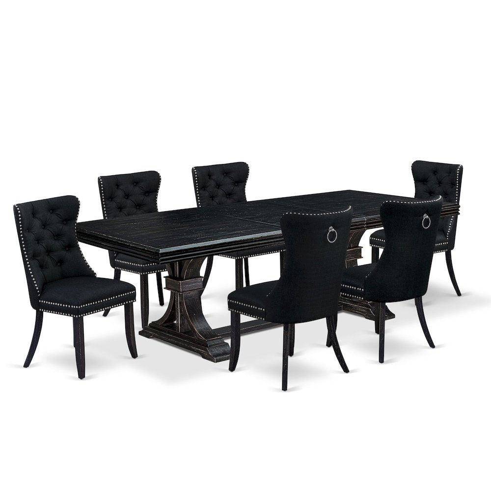 7 piece dining room set of a wooden table and 6 Linen Fabric kitchen chairs