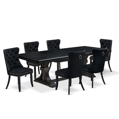 7 piece dining room set of a wooden table and 6 Linen Fabric kitchen chairs