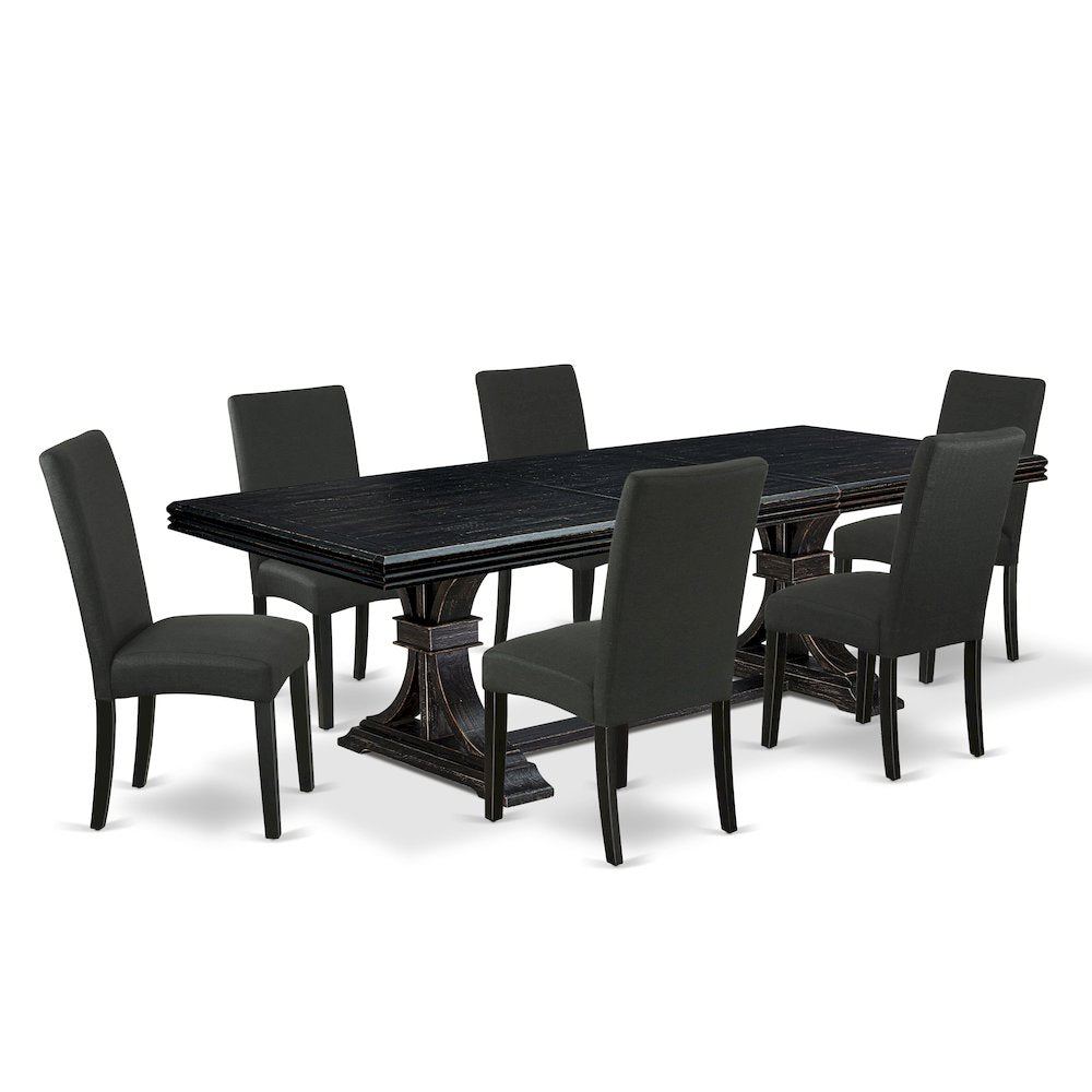 7 piece kitchen table set of a wooden table and 6 upholstered chairs